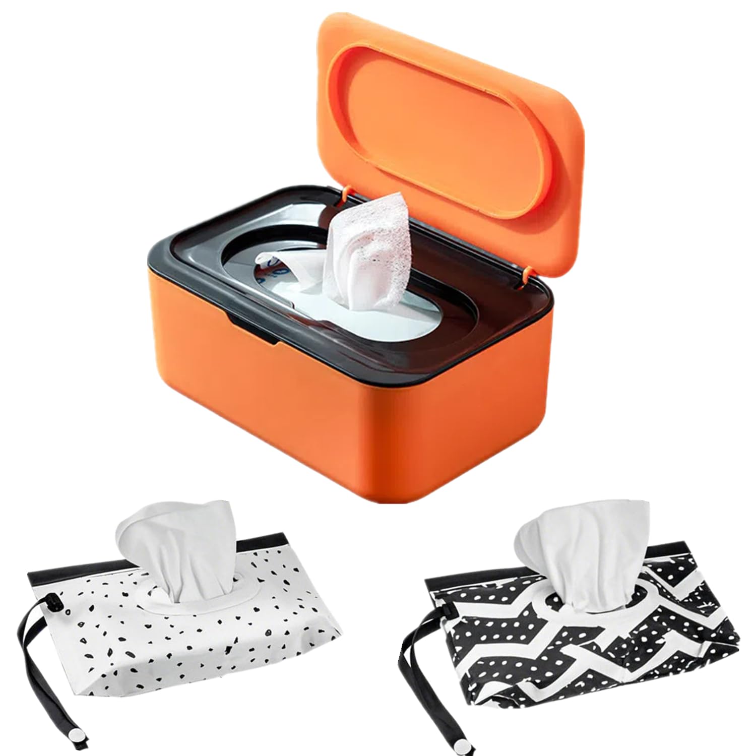 Feuchttücher Box, Feuchtuchspender mit 2 Stück Reisen Wieder Auffüllbar Feuchttücher Tasche,Wiederverwendbar Feuchttücherbox Wischtuchhalter Badezimmer Toilettenpapier Box(Orange-Schwarz)