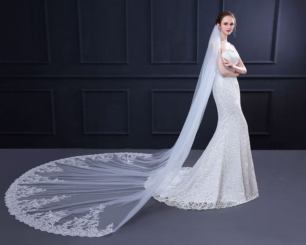 DAIHAN Donna Paillettes Squisite a Coda Lunga Morbida Velo da Sposa con Bordo in Pizzo con Pettine Caduta della lunghezza della Cattedrale per la festa dell'abito da ballo