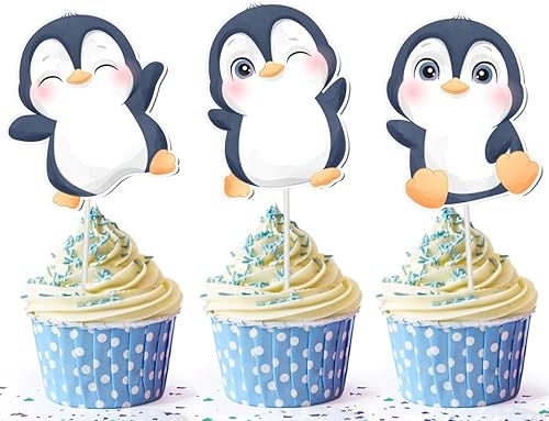 Decoración para cupcakes de pingüinos, 10 piezas de decoración de pasteles de animales árticos para baby shower, cumpleaños de niños, fiestas