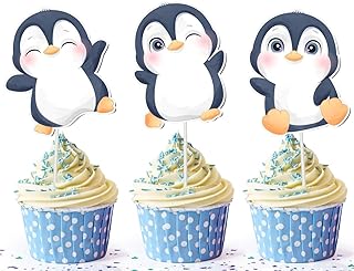 Penguin Cupcake Toppers – 10 pcs Arctic Animal Cake Decorations for Baby Shower, Kids Birthday, Winter and Polar Theme Parties