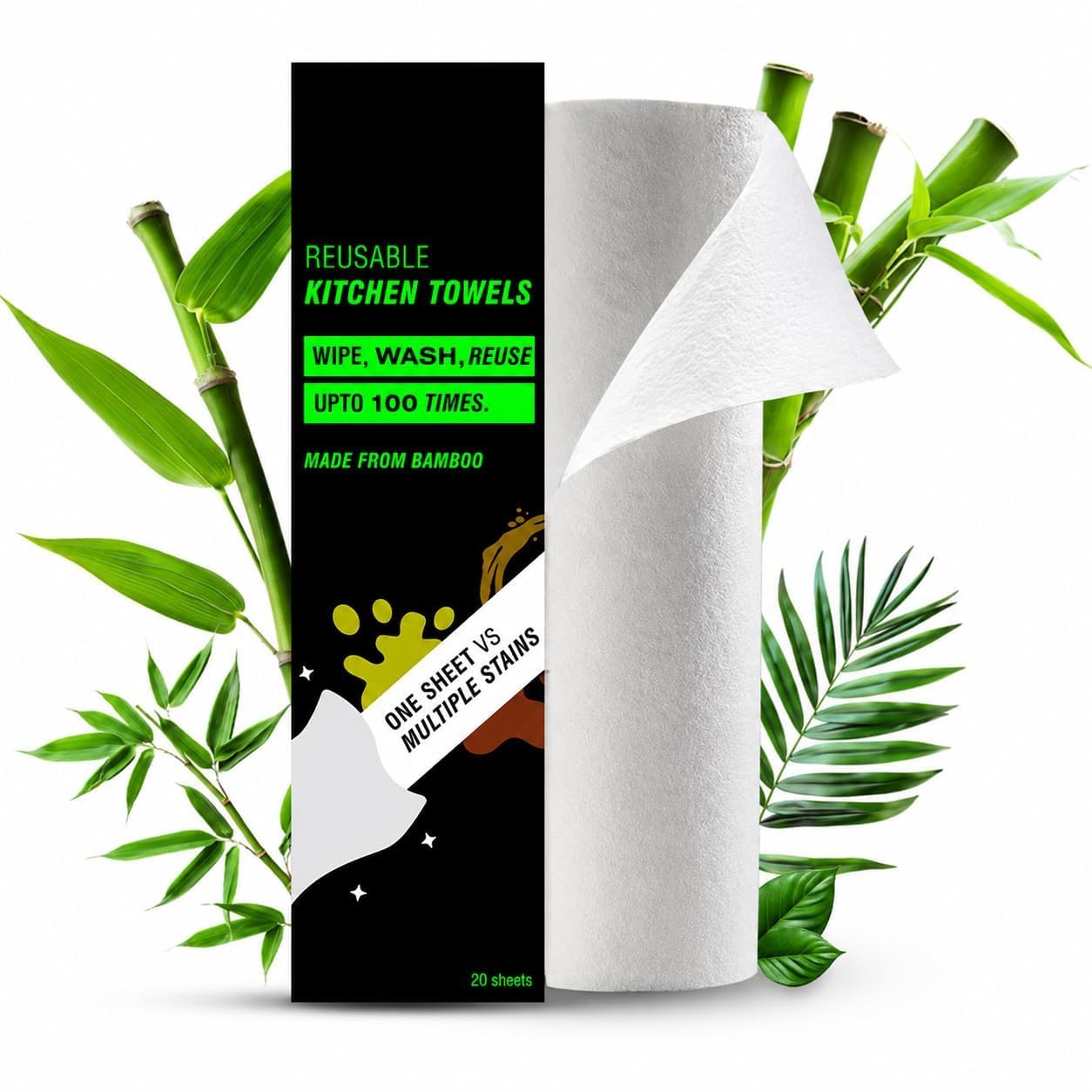 Revees Reusable Kitchen Towel Roll-2000 Times Washable|Soft & Highly Absorbent|Better Alternative to Dishcloth, Kitchen Tissue Paper Roll/Paper Towel|Eco Bamboo Wipes for Home Cleaning|20 Sheets-image-32