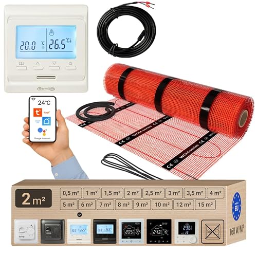 Warmcoin Riscaldamento elettrico a pavimento, 160 W/m², spessore 3,8 mm, diverse misure, 0,5 m², 15 m², tappetino riscaldante autoadesivo, per laminato, vinile, piastrelle, parquet, set con termostato
