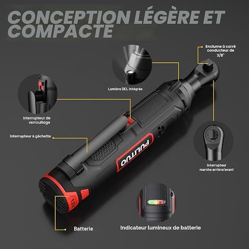 PULITUO Clé à Cliquet Sans Fil, 12V Clé à Cliquet électrique 50N.m 3/8 Pouces Kit de Cliquet, 2 batteries Li-ion de 2,0 Ah, chargeur rapide,10 prises - 3