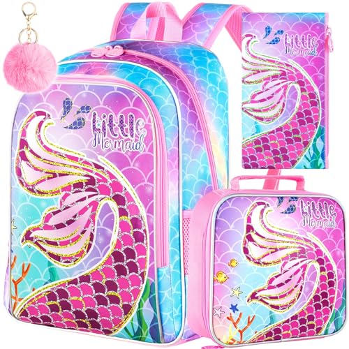 Image of AGSDON 3PCS Kids Backpacks for Girls, 16 inch Little Kid Mermaid Backpack Preschool School Bookbag and Lunch Box