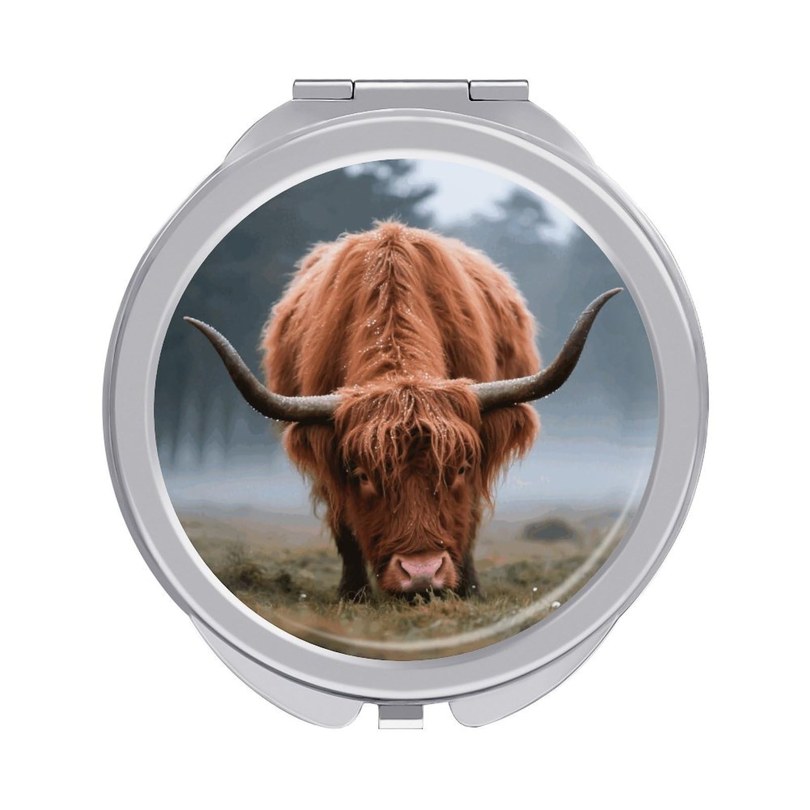 FodPand Compact Hand Mirror with 1x/2x Magnifying Round Travel Makeup Mirror Mini Foldable Highland Cow Cosmetic Mirrors Travel Essentials Gift for Women Girl Portable for Pocket Purse -Silver