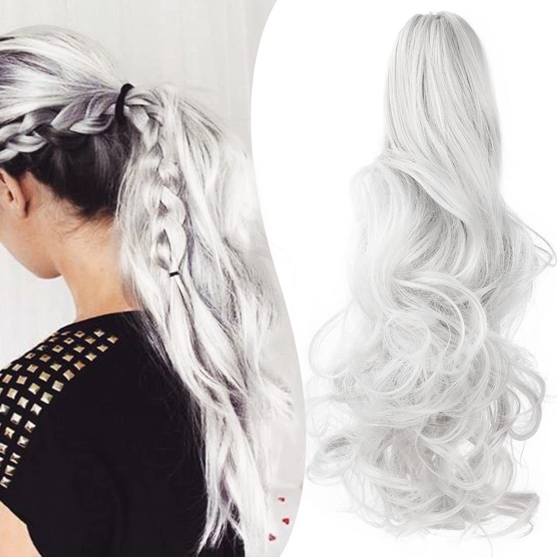 Mitrygreen Claw Clip Ponytail Extension 18" Clip in Wavy Ponytail Hair Extensions Long Pony Tails for Women Extensions Silver Grey Wave Hairpiece