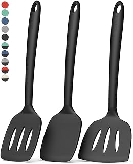 Coukre 3-Pack Silicone Spatula Set - 500°F Heat Resistant, BPA-Free Fish, Solid & Slotted Turners for Non-Stick Pans, Eggs, Pancakes, Burgers (Pure Black)