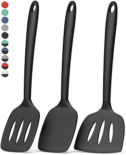 Coukre 3 Pack Silicone Spatula Set, Heat Resistant to 500°F, BPA-Free | Fish Spatula, Solid & Slotted Turners, Dishwasher Safe, Spatula Set for Eggs, Pancakes, Fish & Burgers, PureBlack - Amazon product rated Grade A