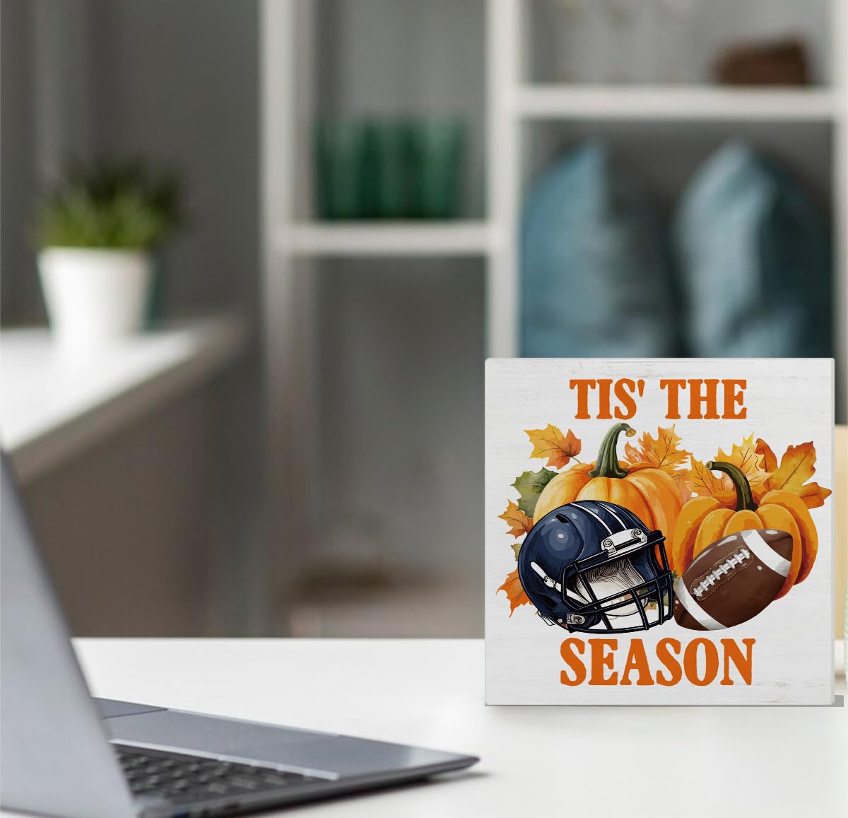 Rustic Fall Wood Sign - 5x5 Inch Football Autumn Decor For Farmhouse Home