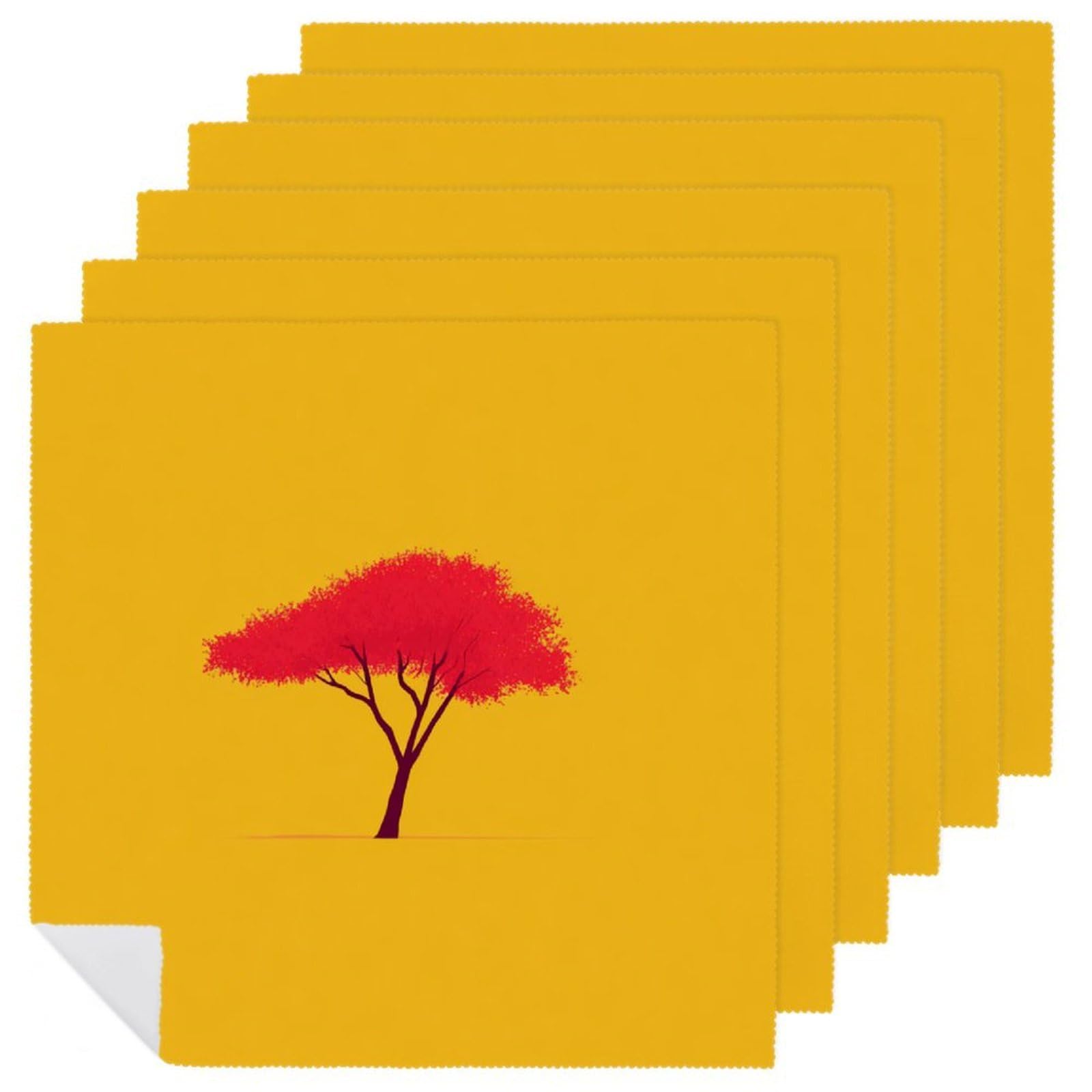 Minimal Red Tree on Yellow Cloth Napkins Set of 6, Square Premium Reusable Washable Polyester Table Linen Napkin for Dinner Party