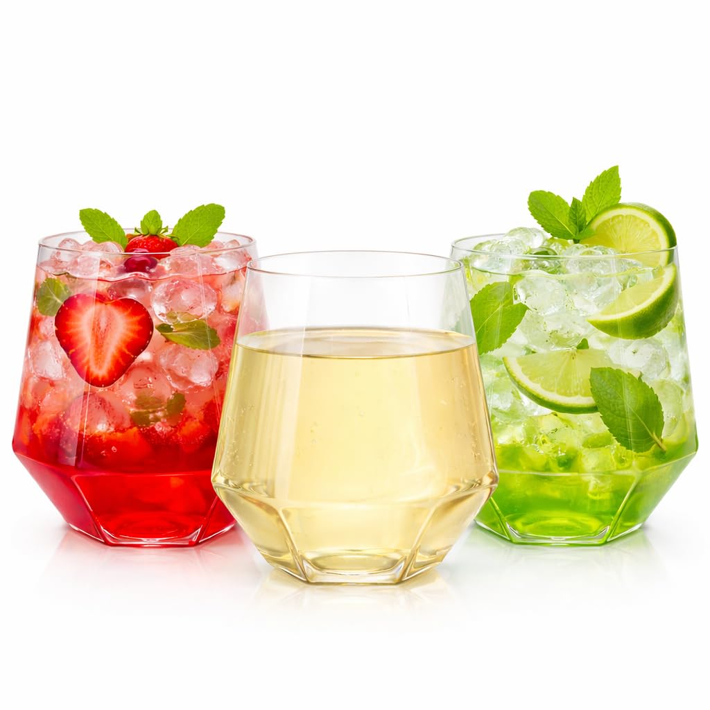 Oojami 40 Pack Disposable Plastic Wine Glasses 12 oz Diamond Clear