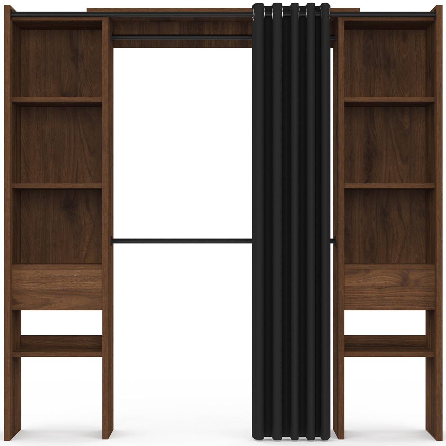 IDMarket - Dressing extensible double MERYL 120/180 x 50 x 180 cm noyer avec étagères + double penderie + rideau noir