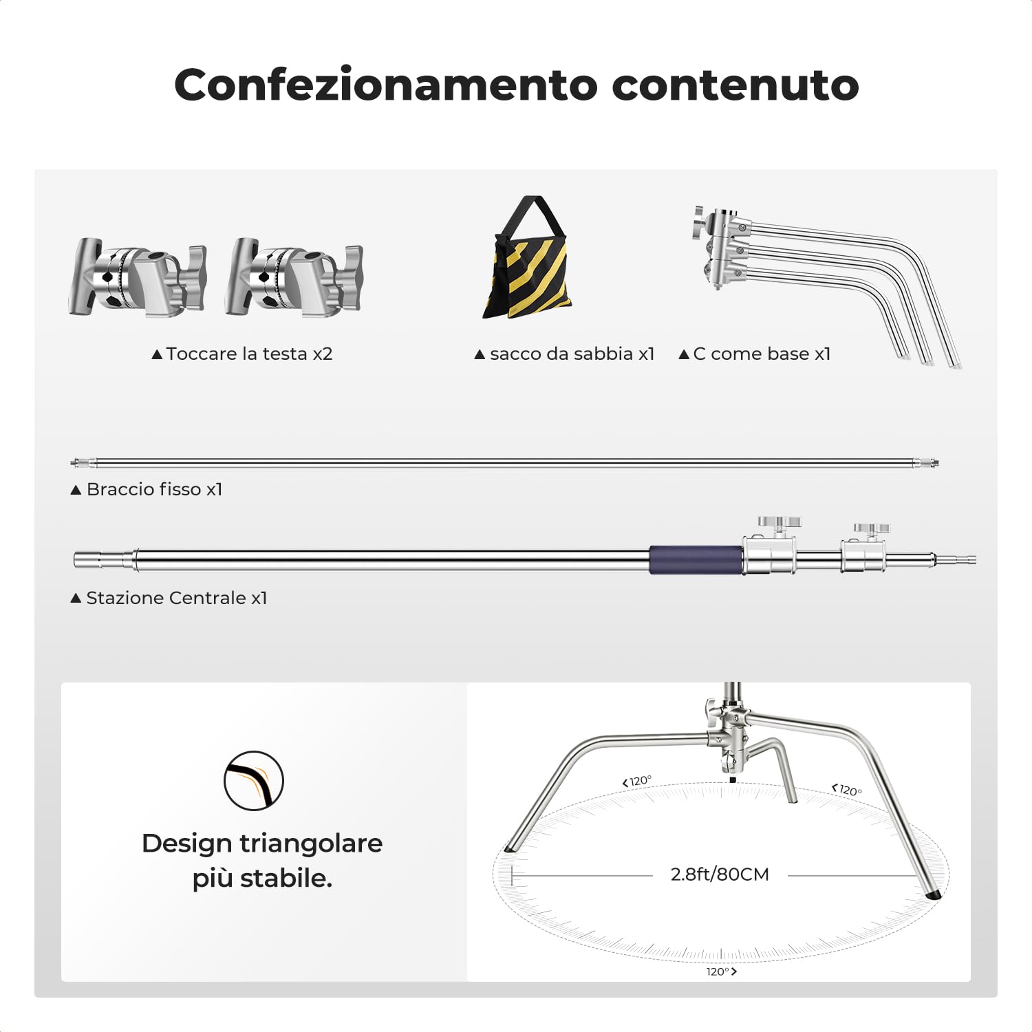 K&F CONCEPT 330CM Heavy Duty in acciaio inox C Stand con braccio a braccio, treppiede leggero per fotografia regolabile con braccio di supporto da 126 cm, 2 teste maniglia per studio, carico 20 kg