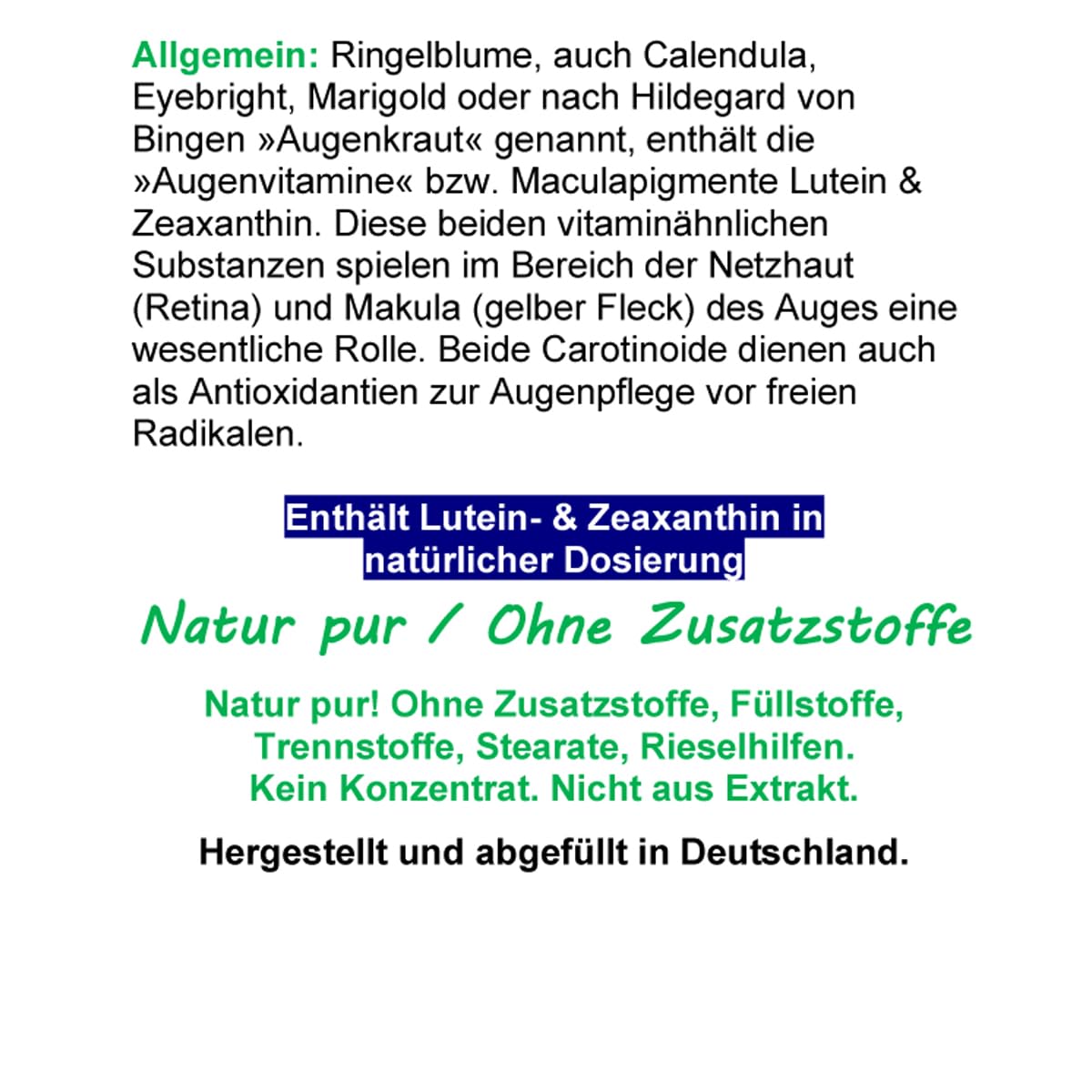 Sehkraft Kapseln Augenkapseln 1080 (3x360) Kapseln RINGELBLUME AUGENKRAUT pur - Lutein & Zeaxanthin VITAL COMPLEX + Netzhaut Maculapigmente - Natur pur - OHNE ZUSATZSTOFFE 26960-7