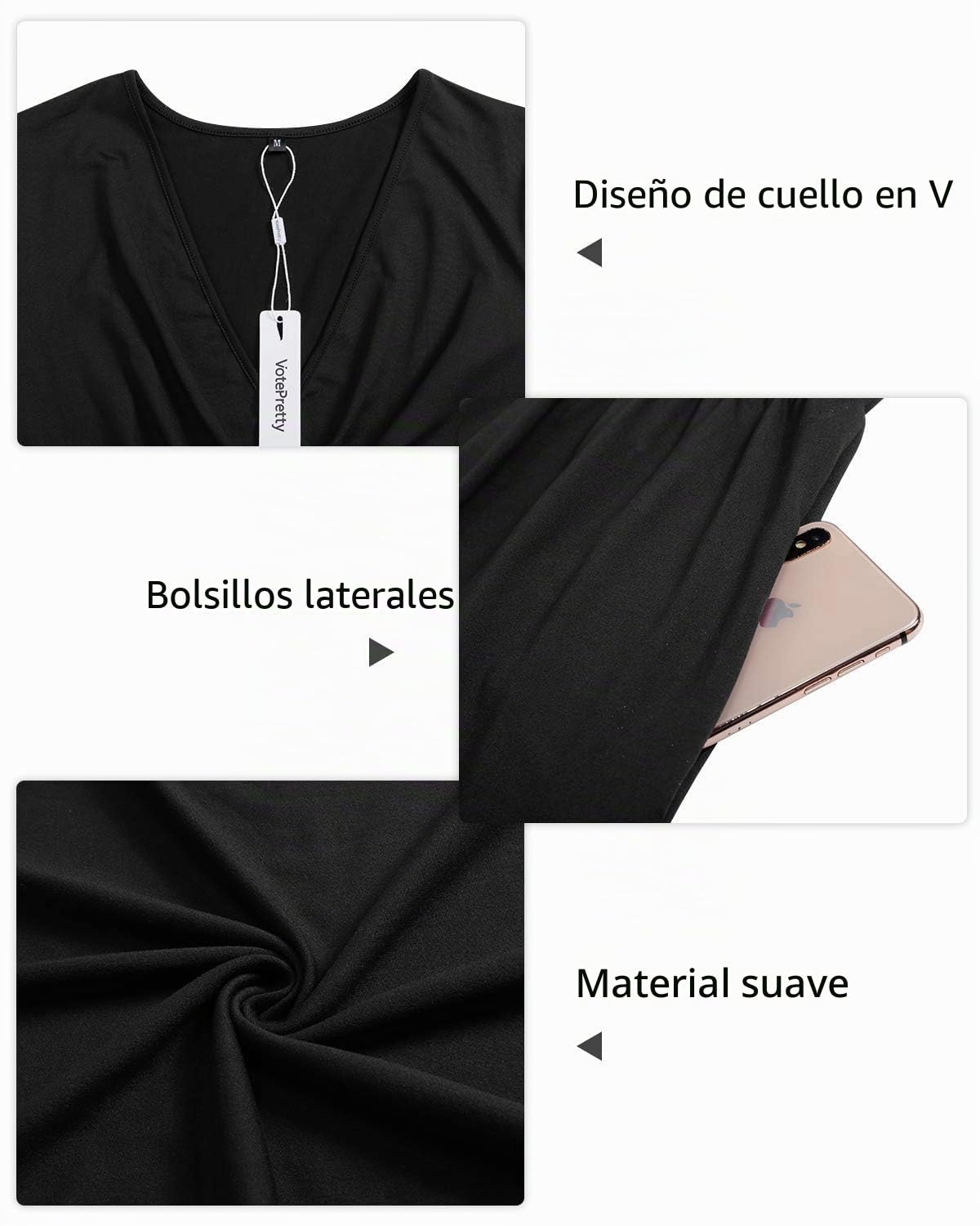 VOTEPRETTY Damas Vestido de Verano Manga Corta Cuello en V Vestido Envolvente Vestido a la Rodilla con Bolsillos