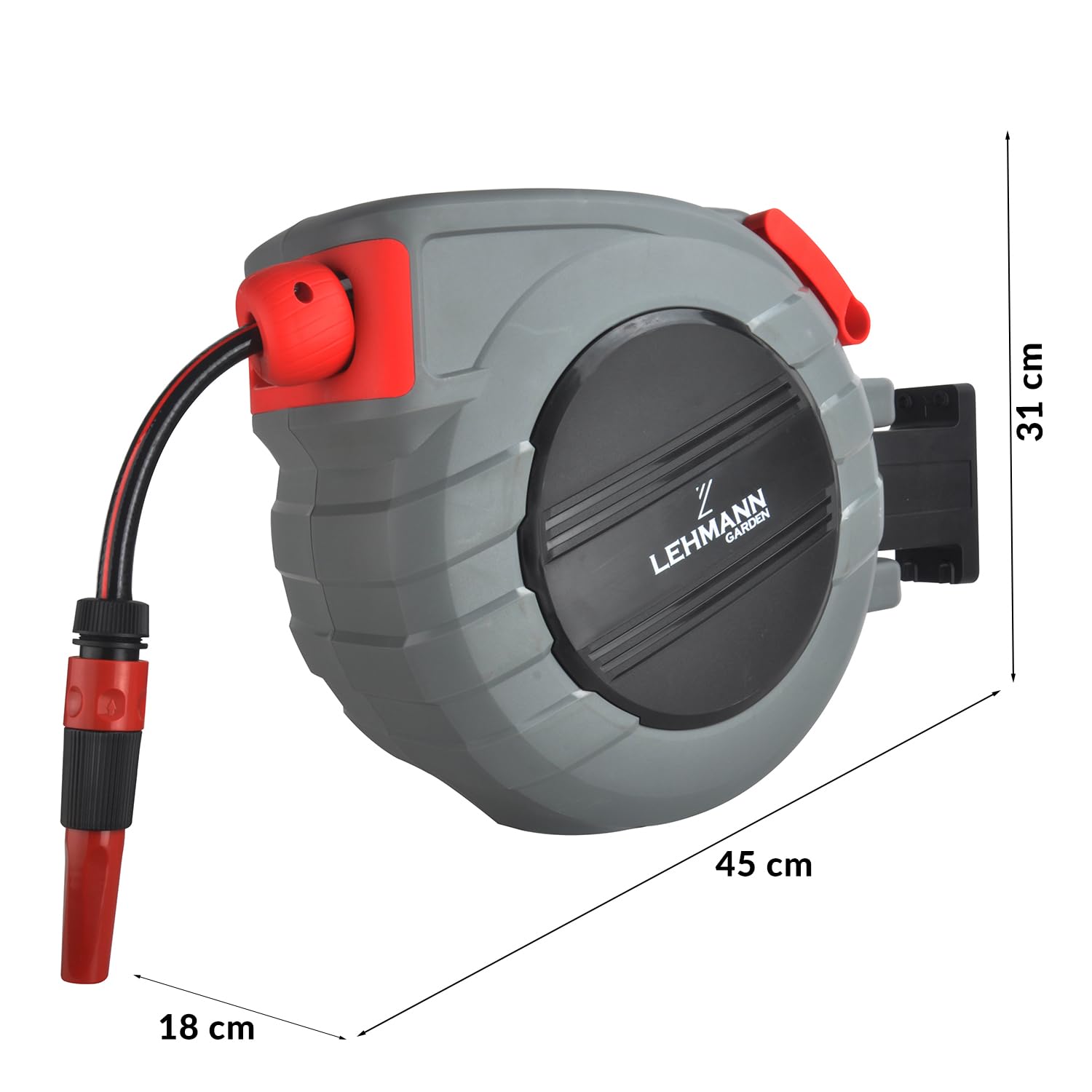 LEHMANN Wand-Schlauchbox 15 m + 1,5 m, Schlauchtrommel für Gartenbewässerung, Automatischer Schlauchaufroller, Wandmontage, inkl. 15 m Gartenschlauch, 1/2" PVC-Geflecht und und Anschlussschlauch