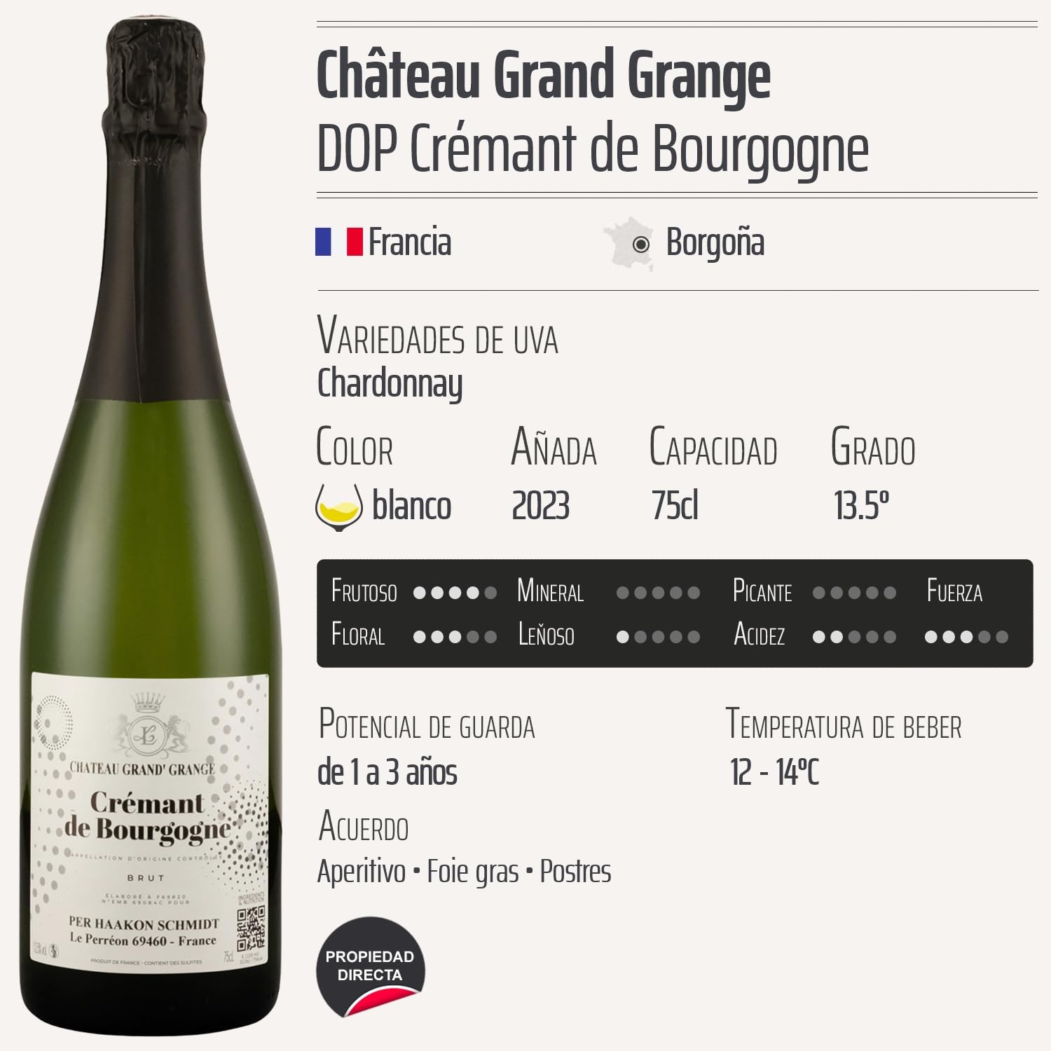 Crémant de Bourgogne Chardonnay blanco 2023 - Château Grand Grange - DOP - Borgoña - Francia - Variedades de uva Chardonnay - 6x75cl