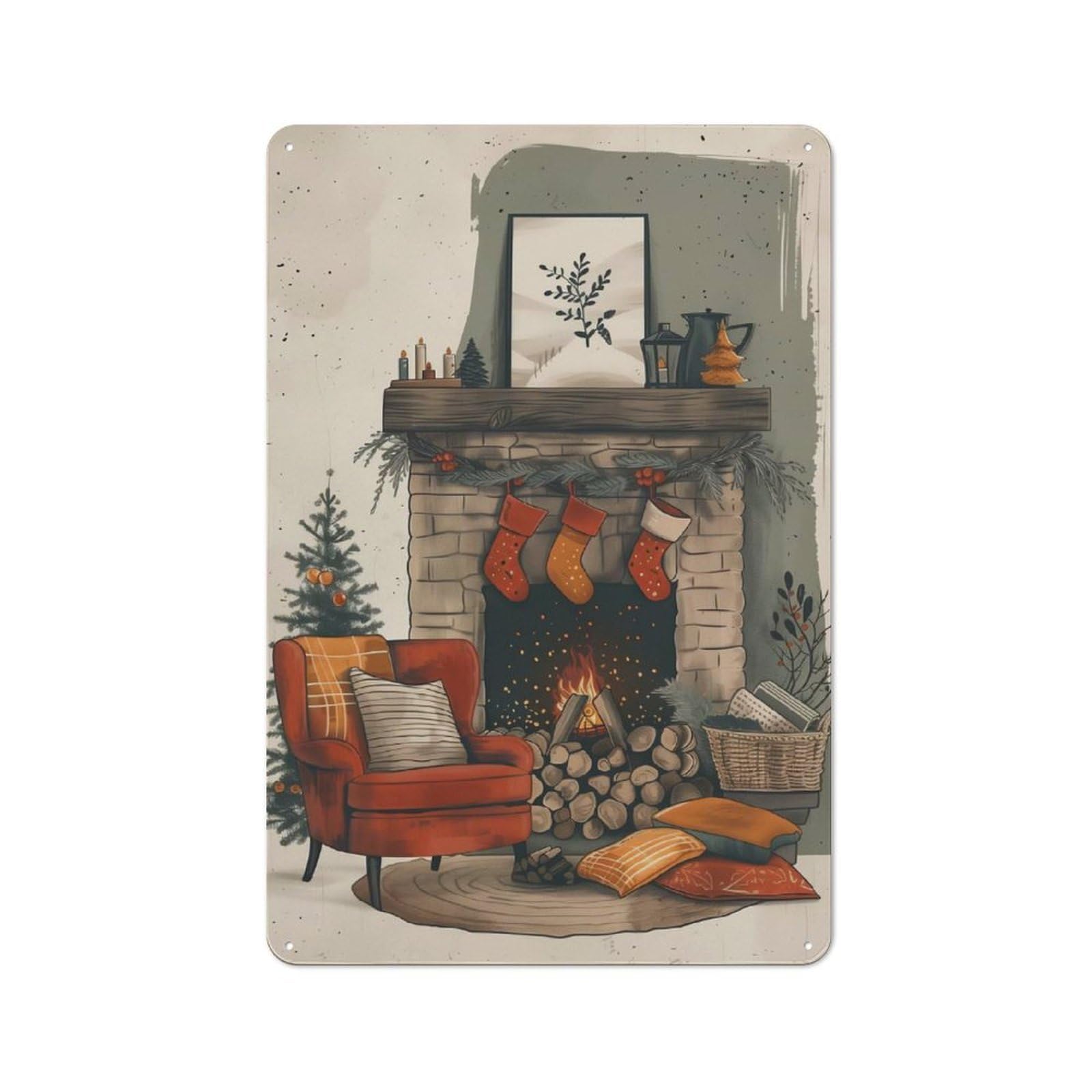 Junmoney Cozy Fireplace Christmas Scene Vintage Tin Sign 30X20cm With For Garage Wall, For Kitchen And Home Bar Decor, For Living Room And Hallway Decor