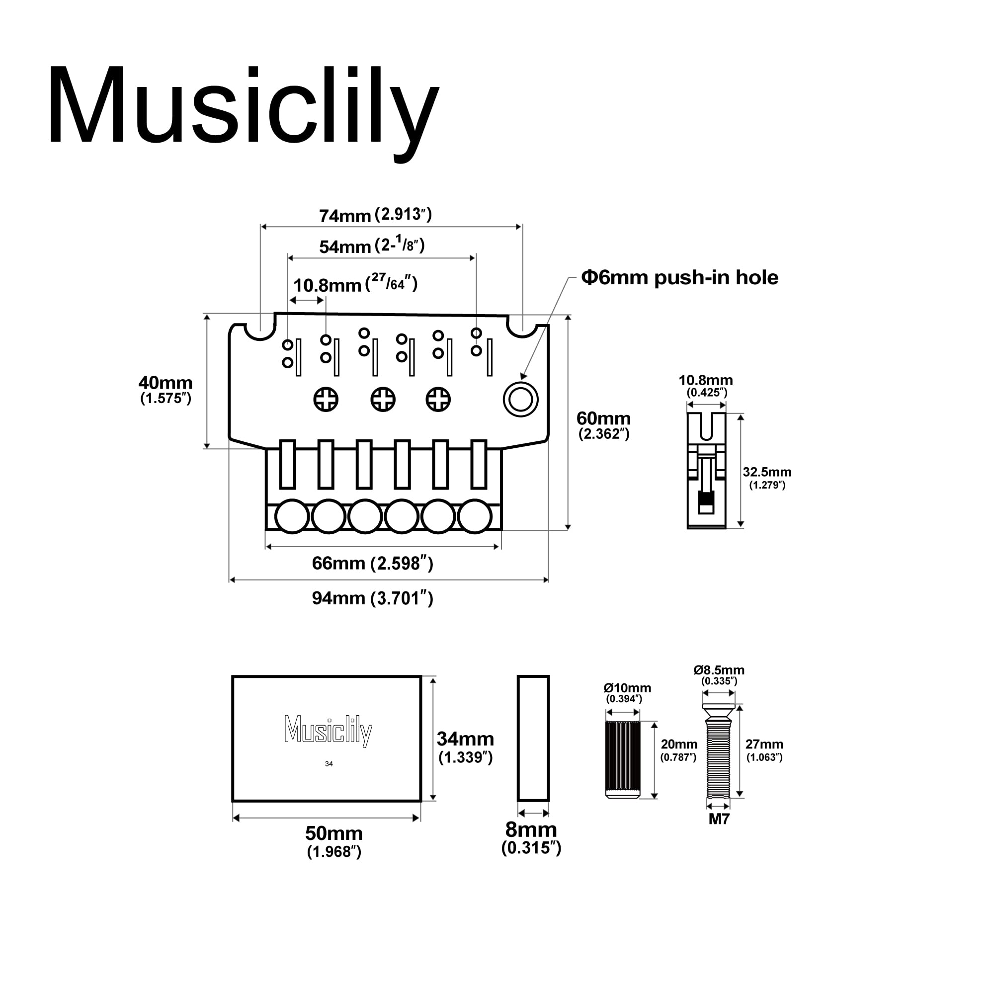 Musiclily Pro 54mm (2-1/8 inch) Double Locking Tremolo Bridge with 34mm Full Solid Brass Block for Floyd Rose Style Electric Guitar, Chrome