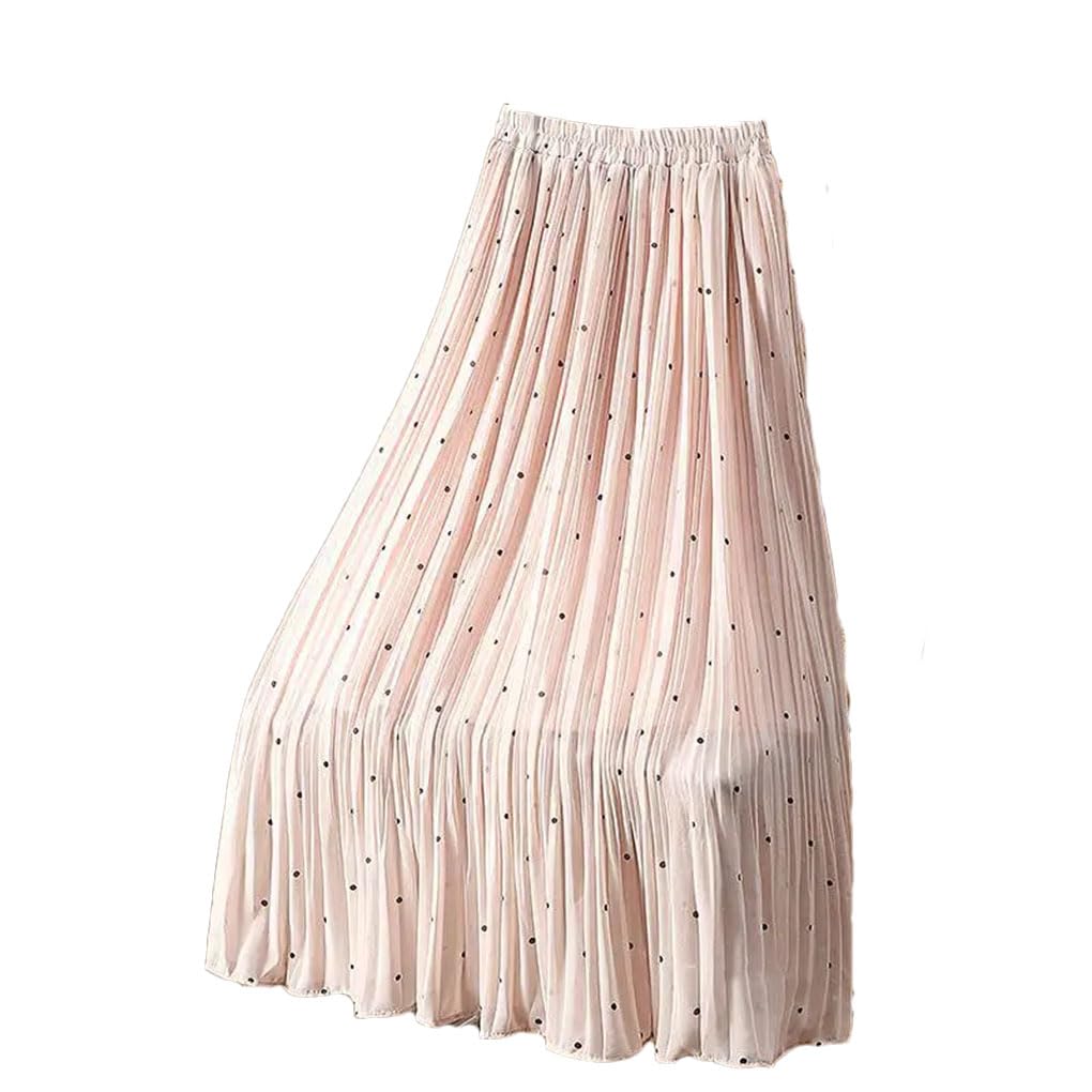 Jupe midi plissée à pois taille haute pour femme Taille élastique Jupe longue vintage