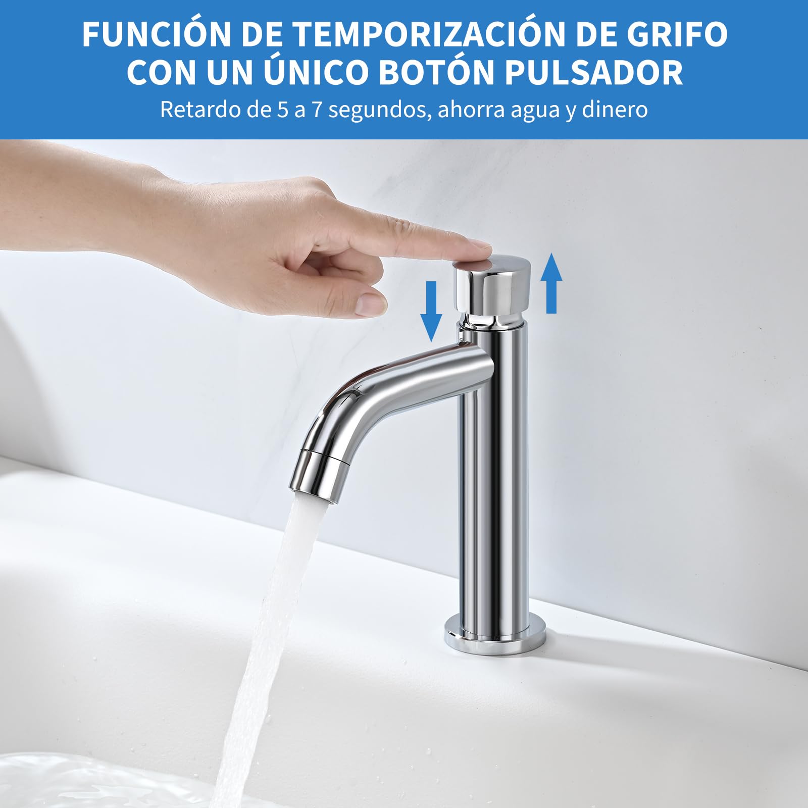 Grifo de Lavabo Solo Agua Fría, BuntHaus Grifo Pulsador Temporizador Con Cierre Automático, Grifo de Baño Cromada Acero Inoxidable