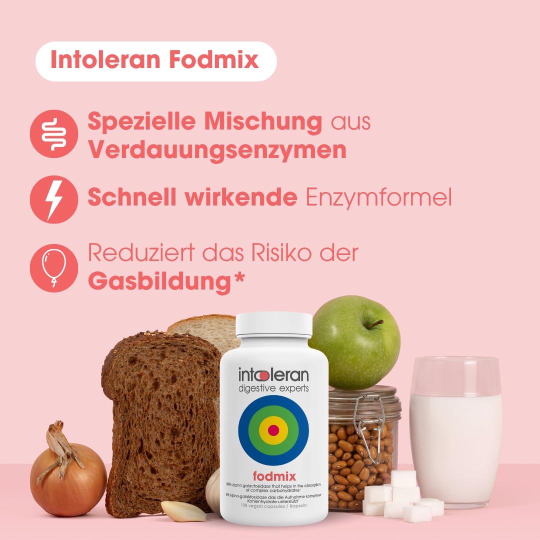 Intoleran Fodmix (Quatrase) Verdauungsenzyme – 108 Kapseln | Hochdosiertes Nahrungsergänzungsmittel bei FODMAP-Unverträglichkeit | Hilft bei der Verdauung von Laktose und komplexen Kohlenhydraten* | R
