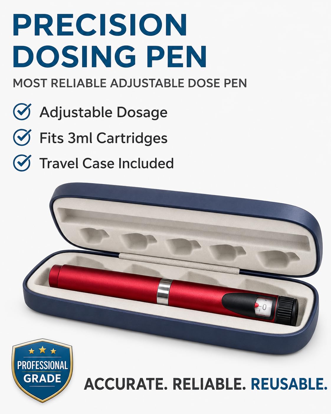 Iniettore riutilizzabile a penna per insulina/peptide con custodia rigida da viaggio, compatibile con cartucce standard da 3 ml, kit compatto e portatile (rosso)