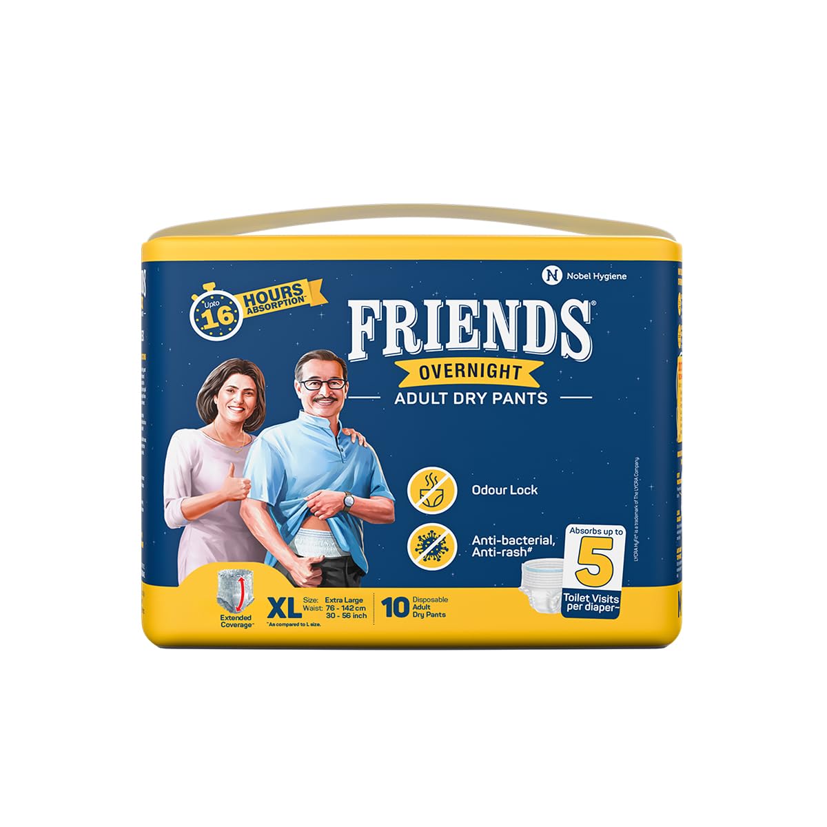 Friends Overnight Adult Diapers Pants Style - 10 Count (Extra Large) with odour lock, Unisex, Leakproof, Elastic Waist and Anti-Bacterial Absorbent Core - Waist Size 30-56 Inch; 76-142 cm