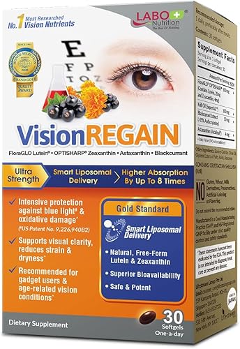 LABO Nutrition VisionREGAIN - Entrega liposomal inteligente, hasta 8 veces mayor absorción, 20 mg de luteína FloraGLO, zeaxantina, Superba Krill,