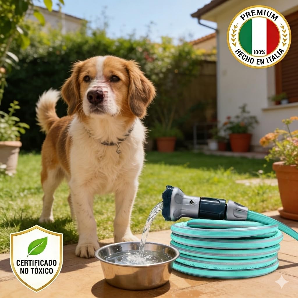 Idroeasy, manguera de jardín extensible de 20 metros, 5/8" de diámetro, manguera de riego extensible de 3 vías, resistente a nudos y torsiones, no tóxica, diseño azul pastel suave, Made In Italy