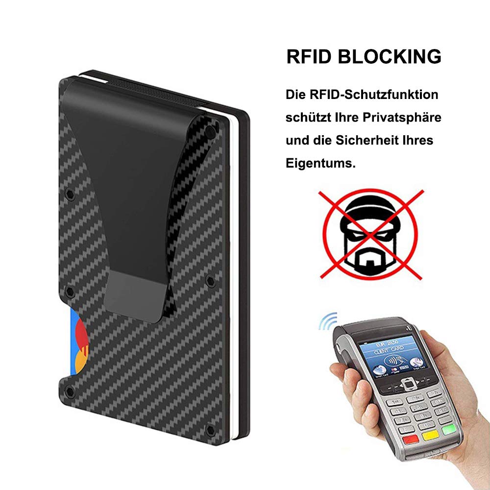 Etui na karty kredytowe, z włókna węglowego, etui na karty kredytowe z klipsem na pieniądze i ochroną RFID, na karty kredytowe, karty płatnicze, czarne, czarny, S, Portfel RFID