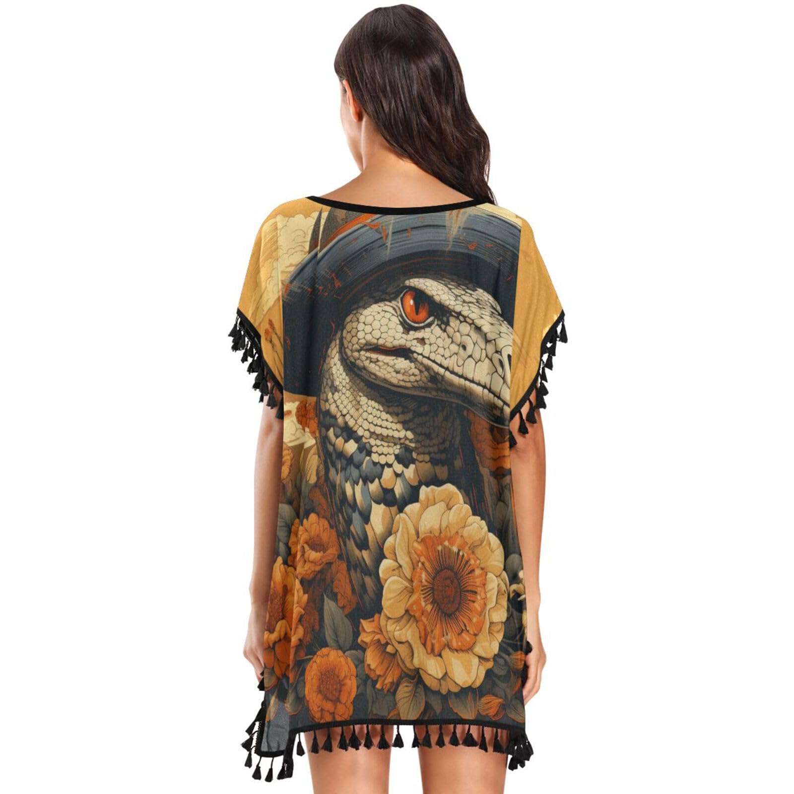 KAAVIYO Yellow Hat Snake Sunflower Women's Beach Cover Up Chiffon Tassel Swimwear Swimsuit Coverups for Girl