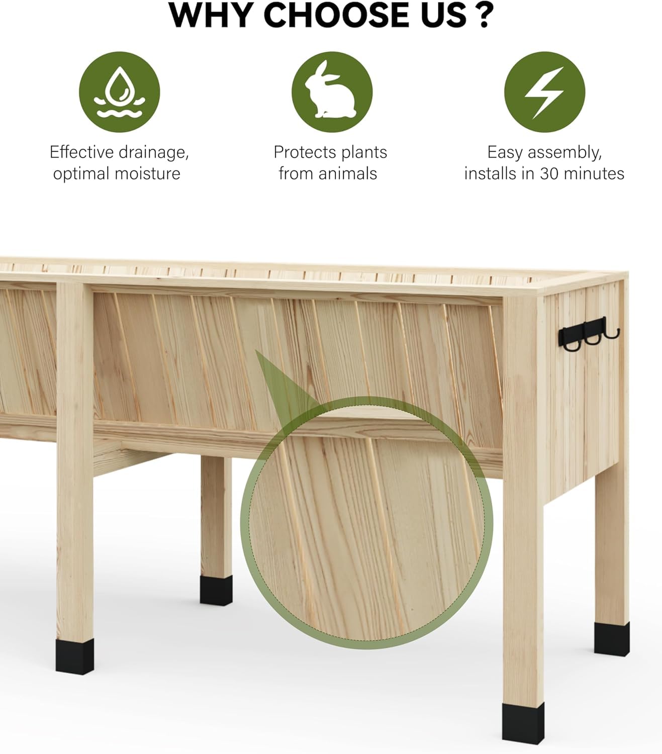 Garvee Huerto Urbano de Madera de Abeto, Cama de Cultivo Elevada 183x60x77cm, Jardinera con Ruedas y Frenos, Macetero Exterior para Verduras con Forro y Ganchos de Almacenamiento, Natural