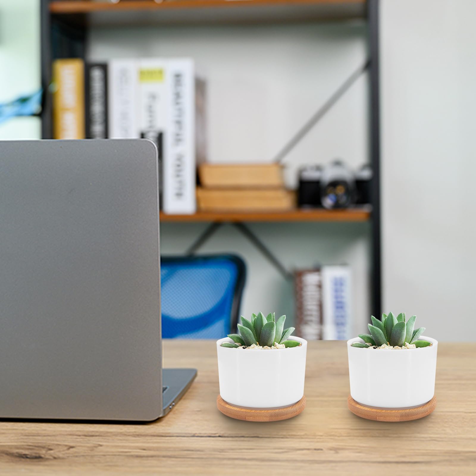 7,5 cm doniczka na sukulenty, minimalistyczny design, okrągła mała doniczka z bambusową tacą i otworem drenażowym, biała ceramiczna donica na kaktusy, idealna do dekoracji biura domowego,