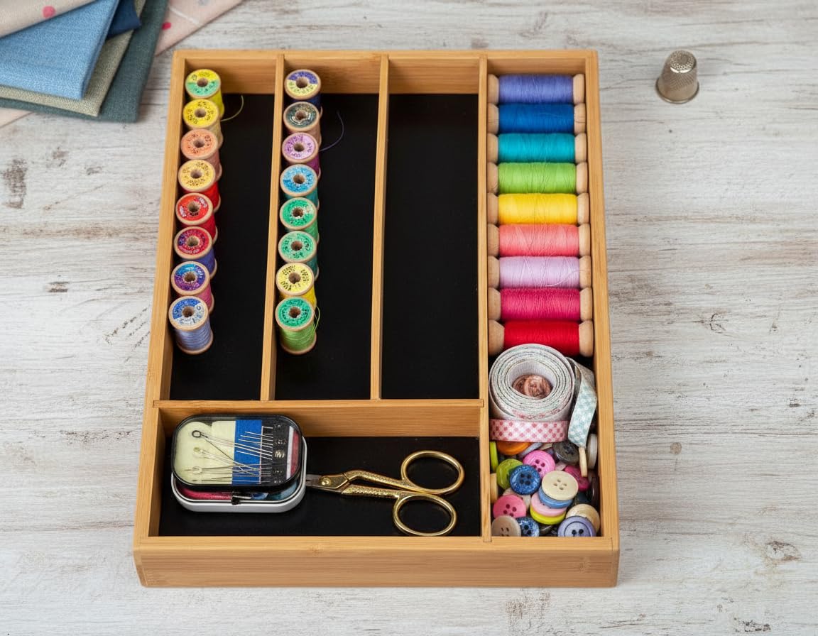 Range Posate in bambù – Organizer per cassetti da cucina a 5 scomparti – resistente e sostenibile ecologico (34 x 25 x 4 cm)