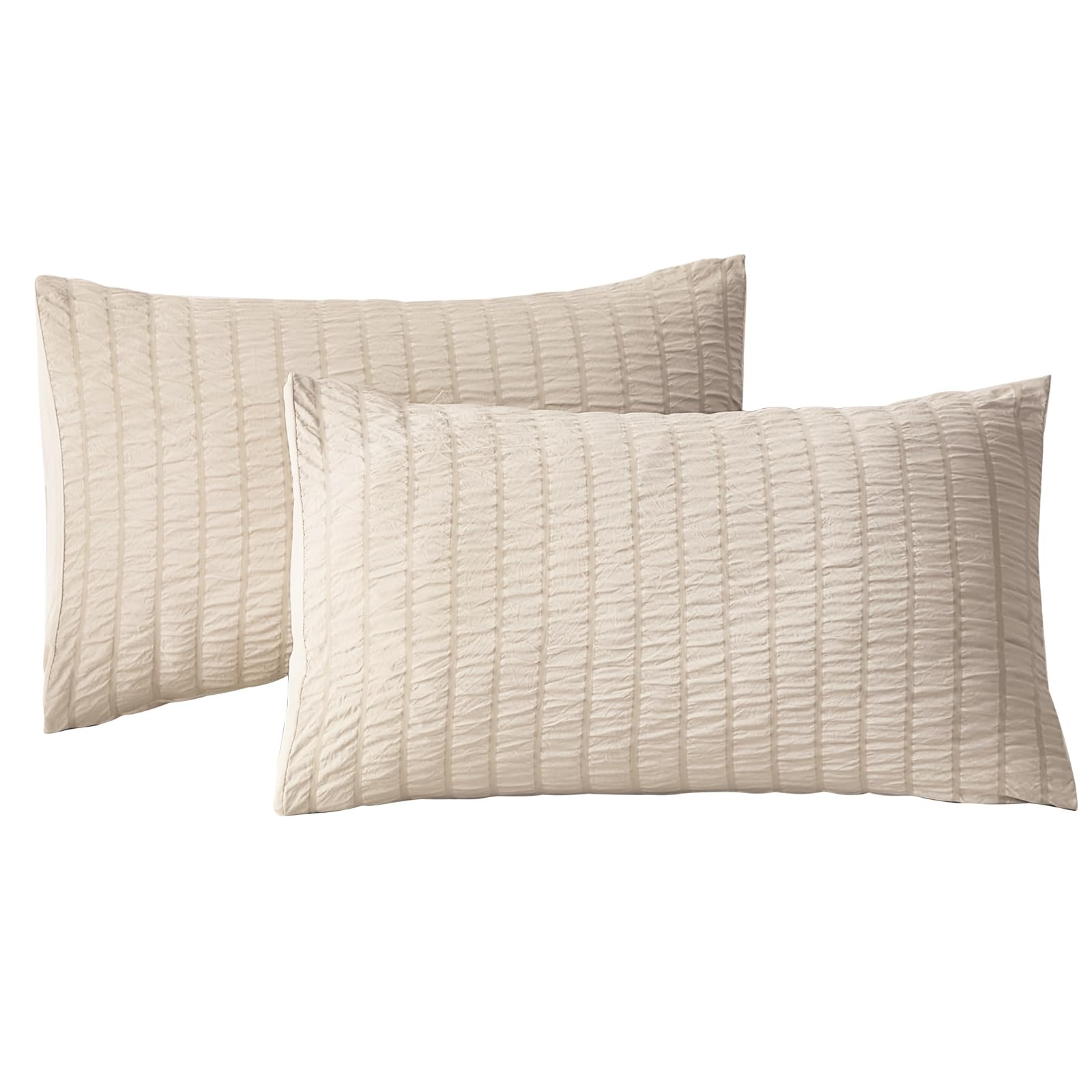 2 Pieces Beige Seersucker Pillowcase Pillow Covers Pinch Pleat Puckering Microfiber Bedding Set Standard Size 50x75 cm