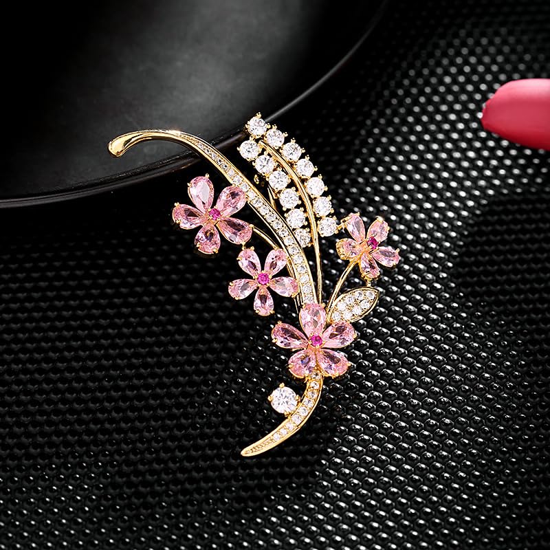 Image of 14K Gold Wheat Sheaf Brooch Embellished with Lustrous Colored Gemstone Flowers, Moissanite Accents Elevate its Elegance, Unique Botanical Jewelry Gift for Women
