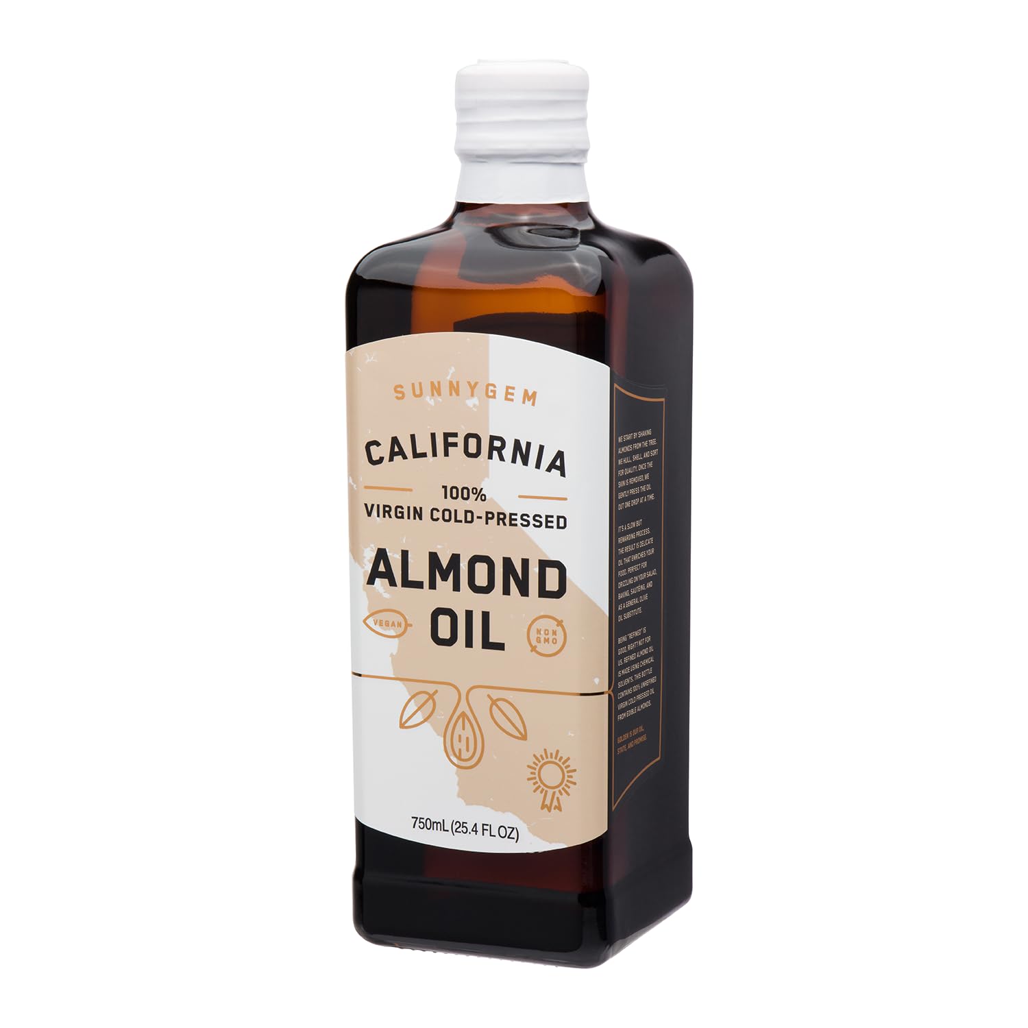 Sunnygem 100% Virgin Cold Pressed California Almond Oil 25.4 FL OZ - Perfect for Cooking, Baking, Grilling, Dipping & Marinating - Beneficial for Skin, Hair & Face Care