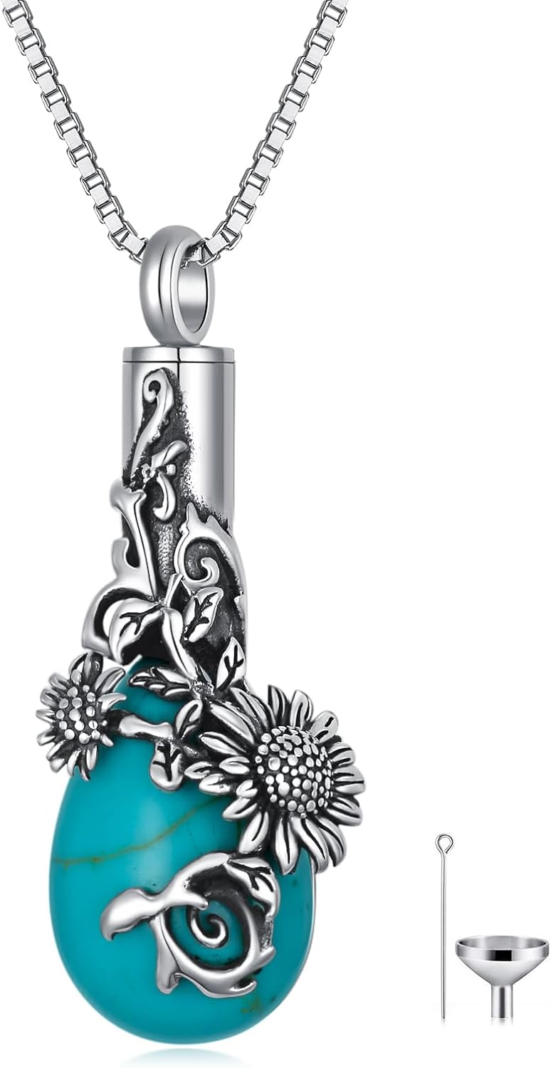 PELOVNY Rose/Lotus/Sunflower/Lily Flower Cremation Urn Necklace For Ashes Sterling Silver Heart/Teardrop Crystal Memorial Jewelry For Women