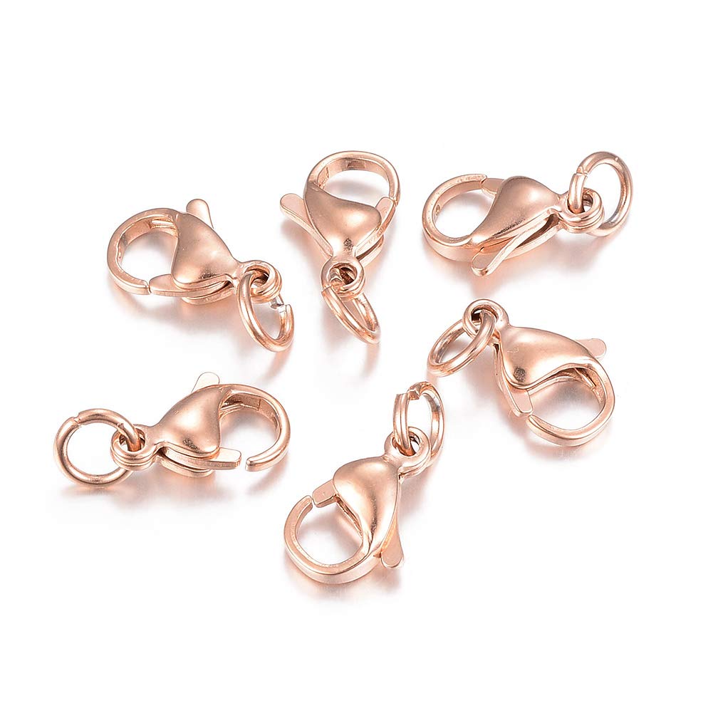 Cheriswelry 100pcs Lobster Claw Clasps with Jump Ring Stainless Steel Rose Gold Bulk Closure Clasp Fastener Clips for Jewellery Making Keyring 13x8mm