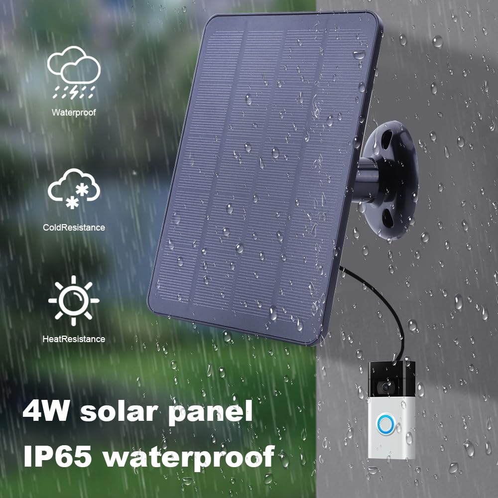 panele słoneczne, Panel ładowania słonecznego 4W 5V Ładowarka słoneczna Regulowany uchwyt 360° z kablem ładującym o długości 9,8 stopy do dzwonka wideo dzwonkiem 4/3/2(Black)