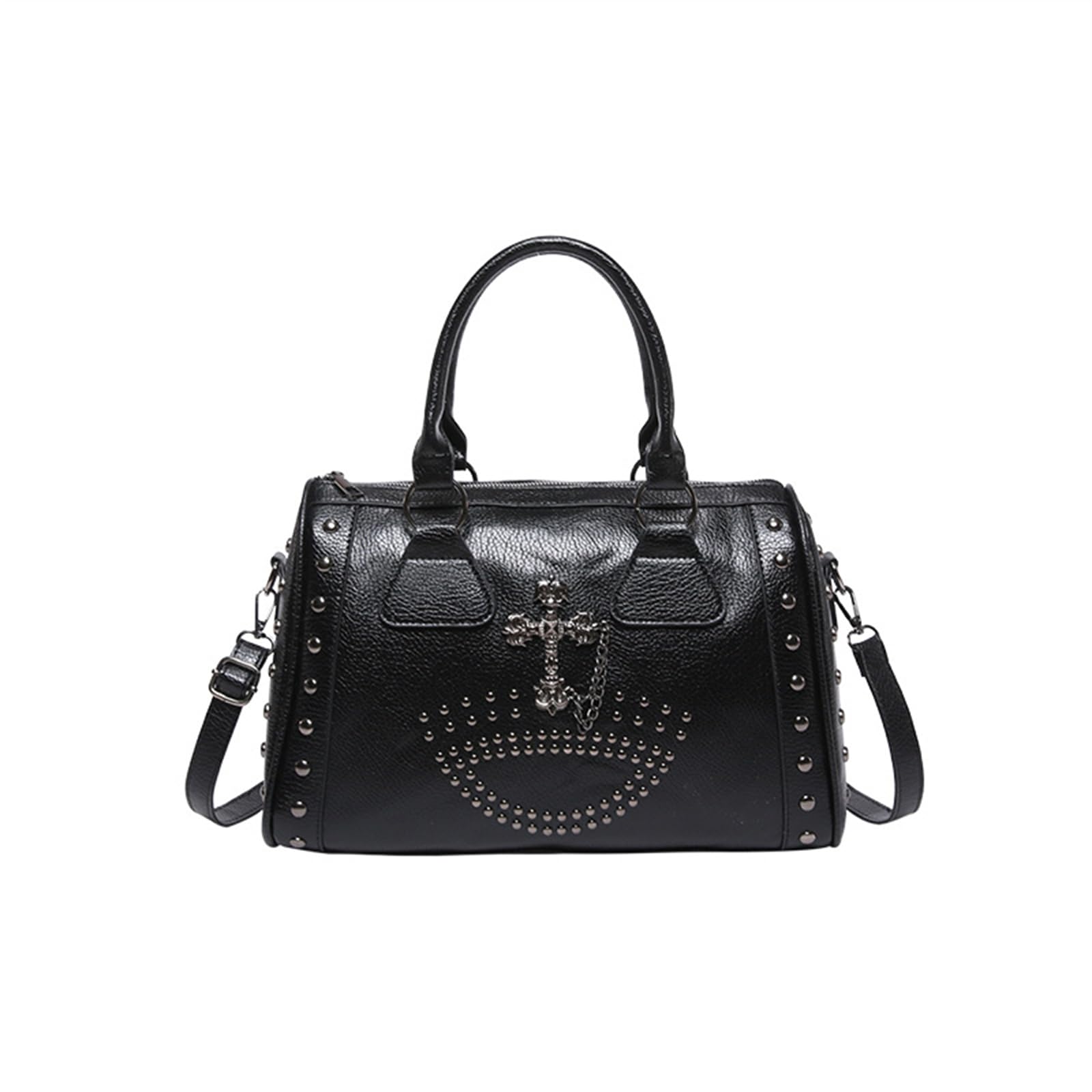 Retro Bolso de Mano Punk Bolsos de Hombro para Mujer Bolso Boston con Remaches Cruz Decoraciones PU Cuero Bolso Bandolera Gran Capacidad Bolsa Shopper Elegante Bolso Cruzados Tote Negro