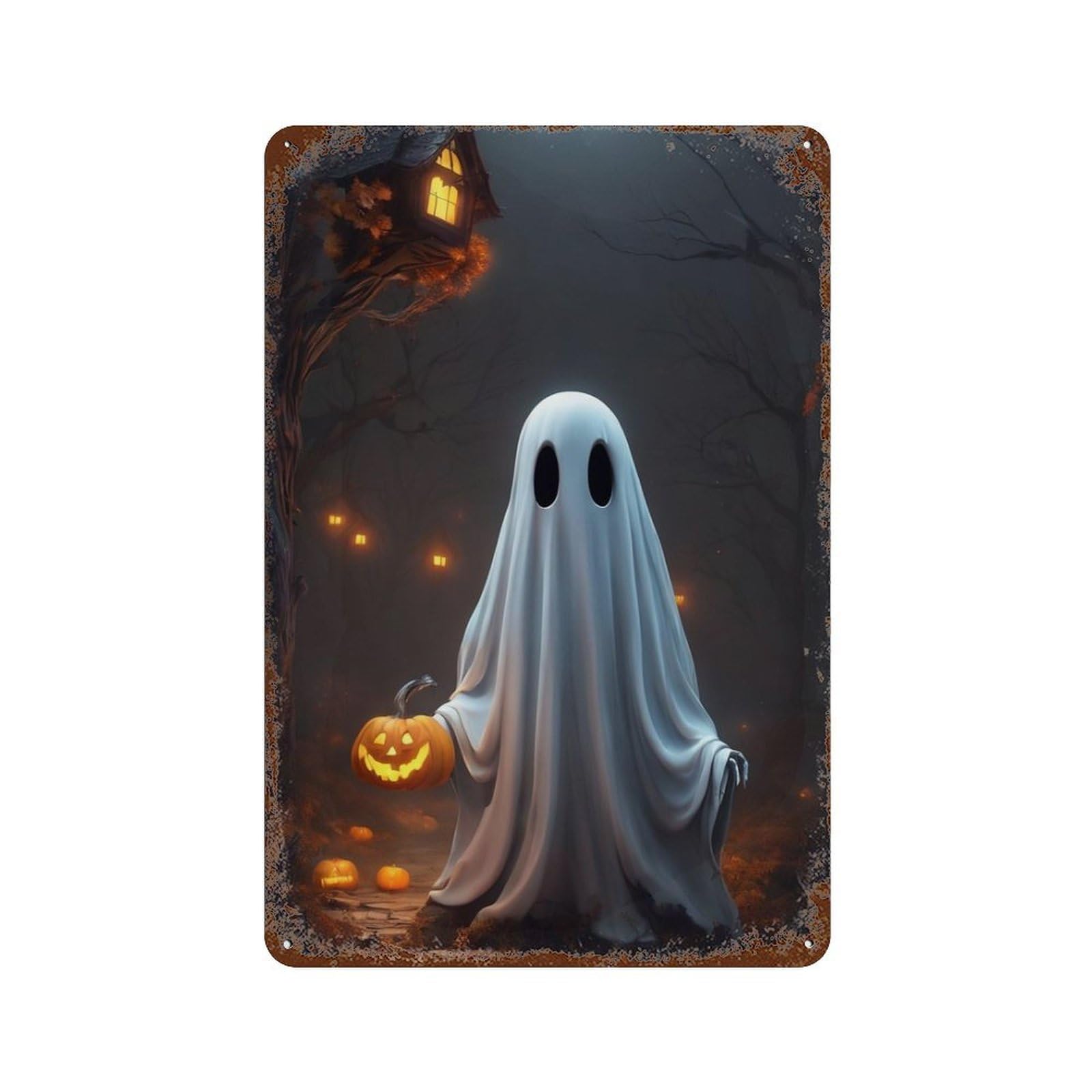 Halloween Ghost with Lanterns Rust Effect Tin Sign 11.8"x7.9", Industrial Home Decor for Garage, Pub Or Kitchen