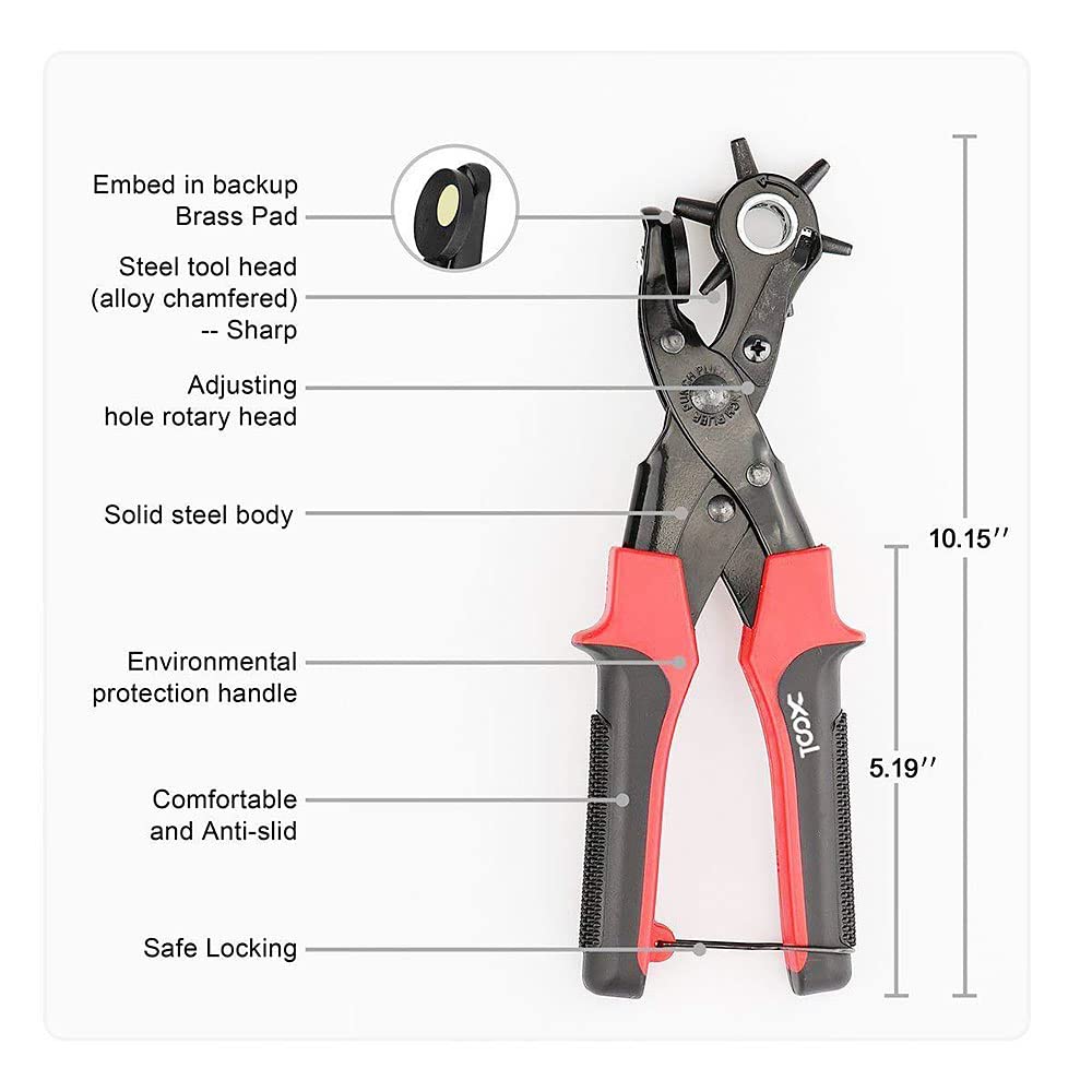 Leather Hole Punch, Heavy Duty Revolving Plier Tool with Extra Plates and Ruler - Image 3