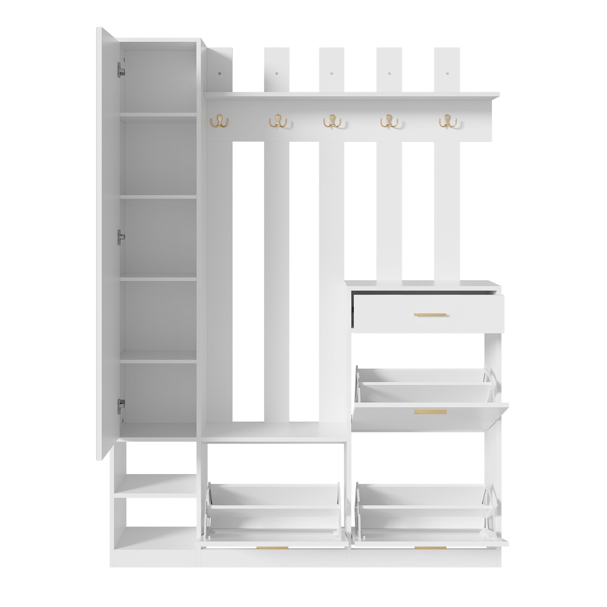 133 x 23,5 x 180 cm, set di guardaroba per corridoio, con specchio, 3 scarpiere, 1 cassetto e molti ganci, per corridoio, ingresso (bianco)
