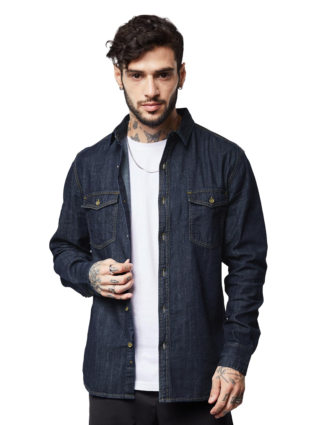 The Souled Store Men Classic Denim Shirt: Raw Blue Solid Shirts Shirt for Men Casual Half Sleeves Regular Fit Printed Stylish Latest Cotton Summer Branded Wrinkle Free Trending Trendy Summe