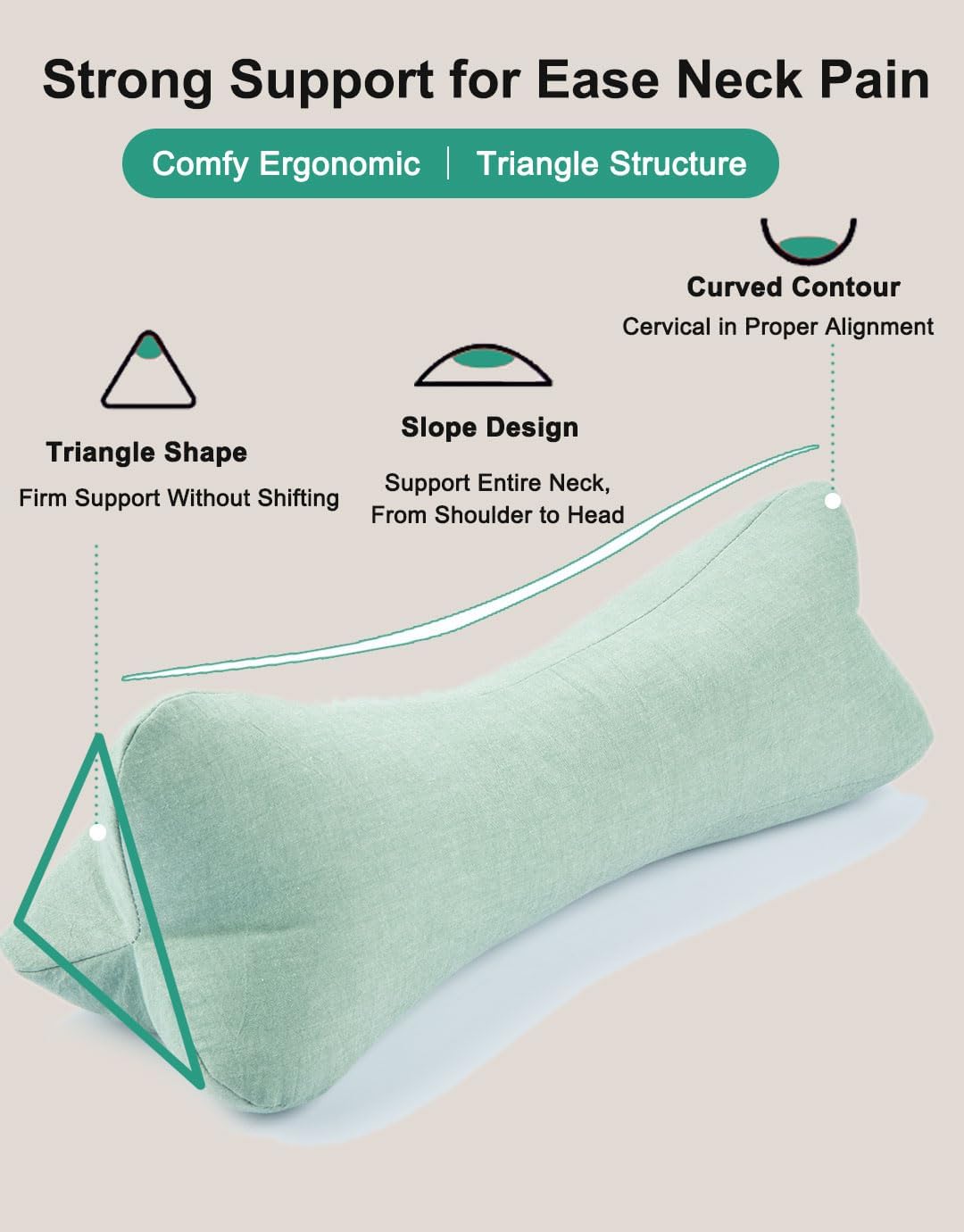 Breathable Buckwheat Cervical Neck Support Pillow, Triangle Pillows for Neck Pain Relief, Adjustable Height Cool Sleep Cylinder Bolster Pillow, Removable Washable, Green 15 X 5 Inches - Image 2