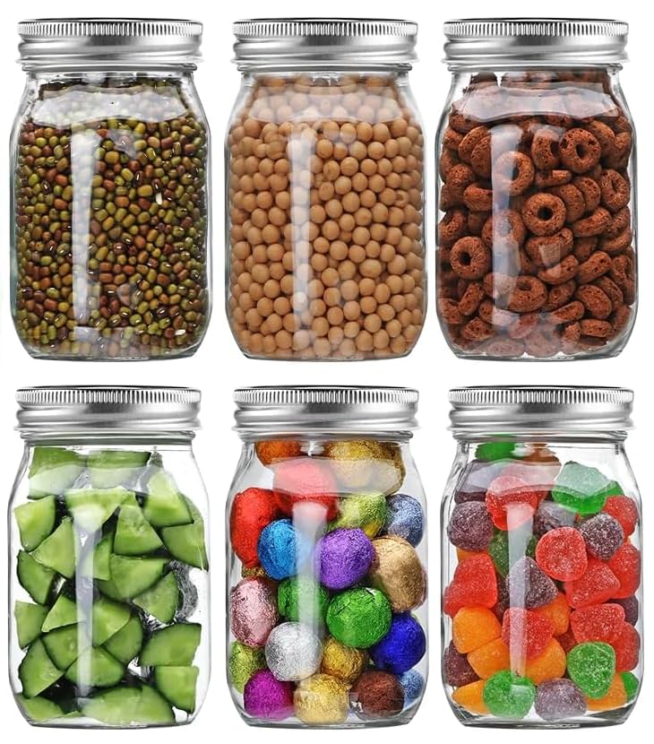 Image of ALEITO 500ml Wide Mouth Mason Jars, 6-Pack Mason Jars 16oz for Pickling, Canning, Fermenting and Food Storage, Microwave & Dishwasher Safe