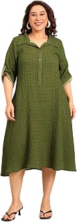 The Pink Moon Women's Plus Size Midi Dress, Green, Checkered, Cotton, A-Line, Collared Neck, 3/4 Sleeve Price In India