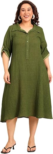 The Pink Moon Women's Plus Size Midi Dress, Green, Checkered, Cotton, A-Line, Collared Neck, 3/4 Sleeve